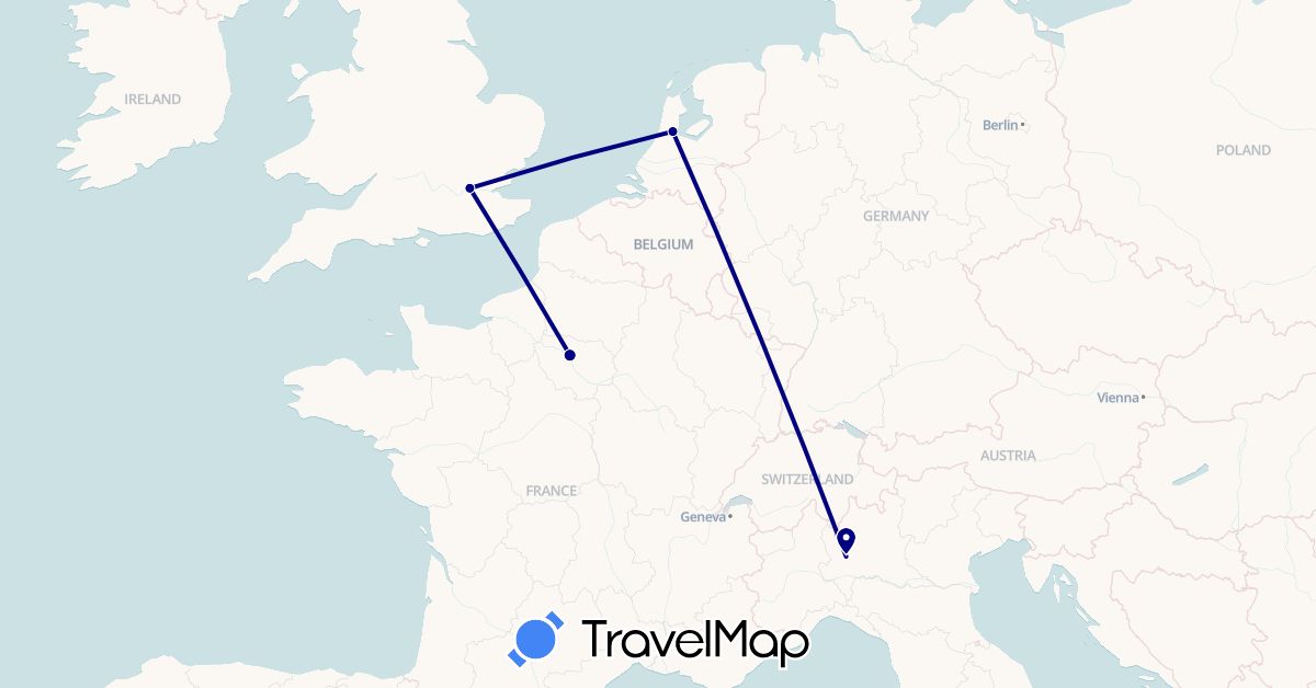 TravelMap itinerary: driving in France, United Kingdom, Italy, Netherlands (Europe)